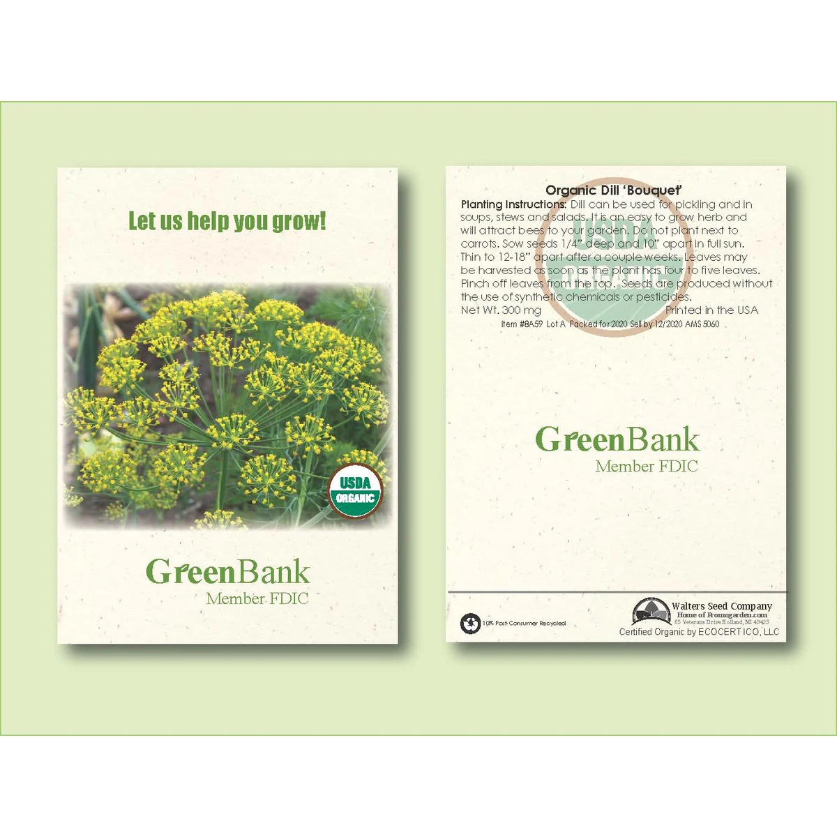 Organic Dill 'Bouquet' Herb Seed Packet -Standard Size 3.25" x 4.5" 1