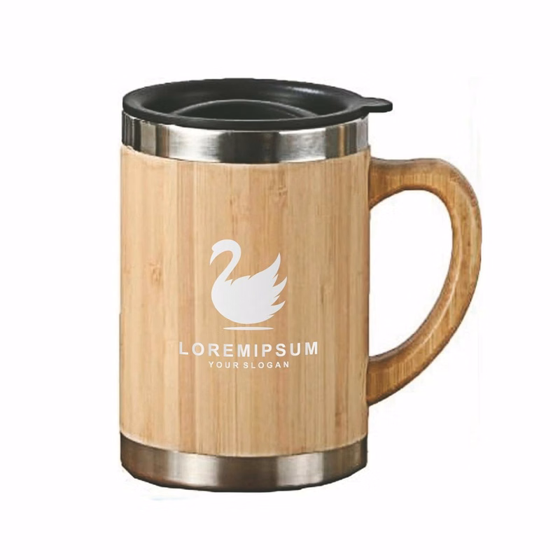 Coffee Mug, Stainless Steel Bamboo Travel Mug with Handle, Bamboo Insulated Water Bottle, 12oz