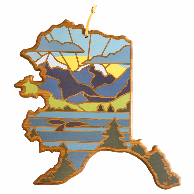 Alaska State Shaped Serving and Cutting Board with Artwork by Summer Stokes