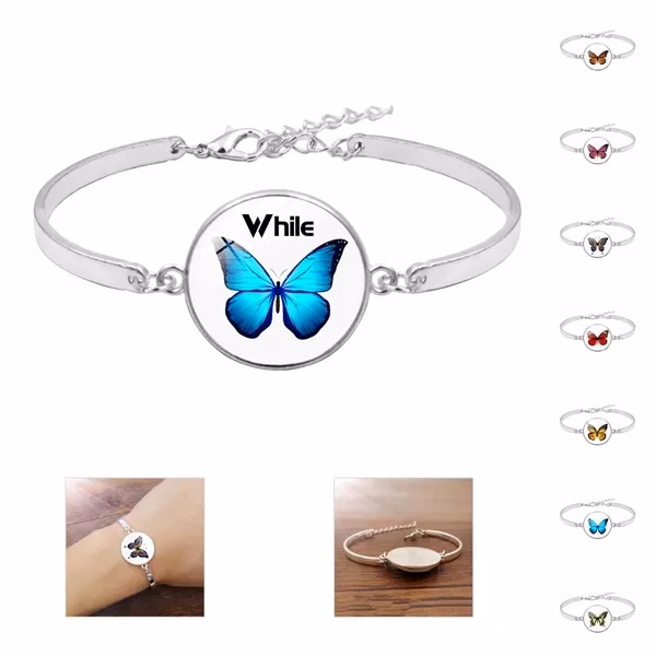 Custom Glass Butterfly Bracelet Adjustable Fit — Women's Sterling Silver Tone Jewelry