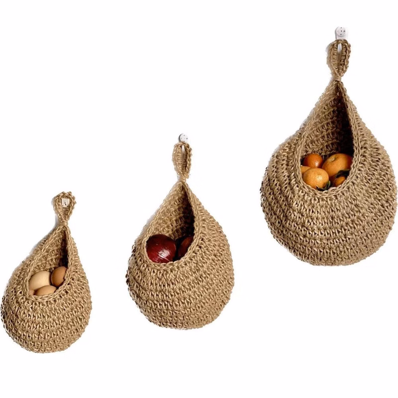 Wall-mounted Fruit Basket With Vegetable Pouch Made Of Hemp Rope Weaving