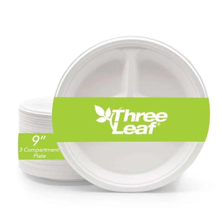 Three Leaf 9" 3 Compartment Bagasse Round Plates 25 Pack 1
