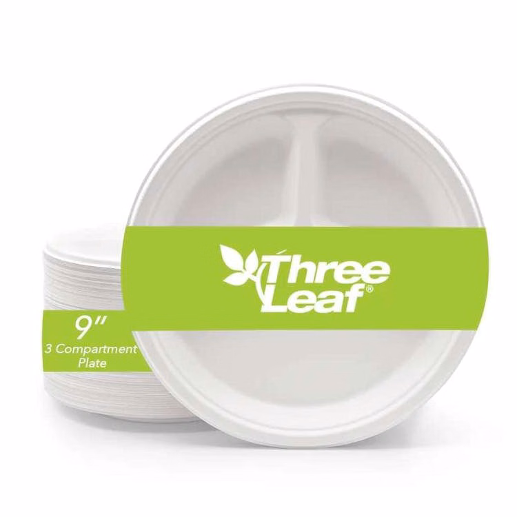 Three Leaf 9" 3 Compartment Bagasse Round Plates 25 Pack