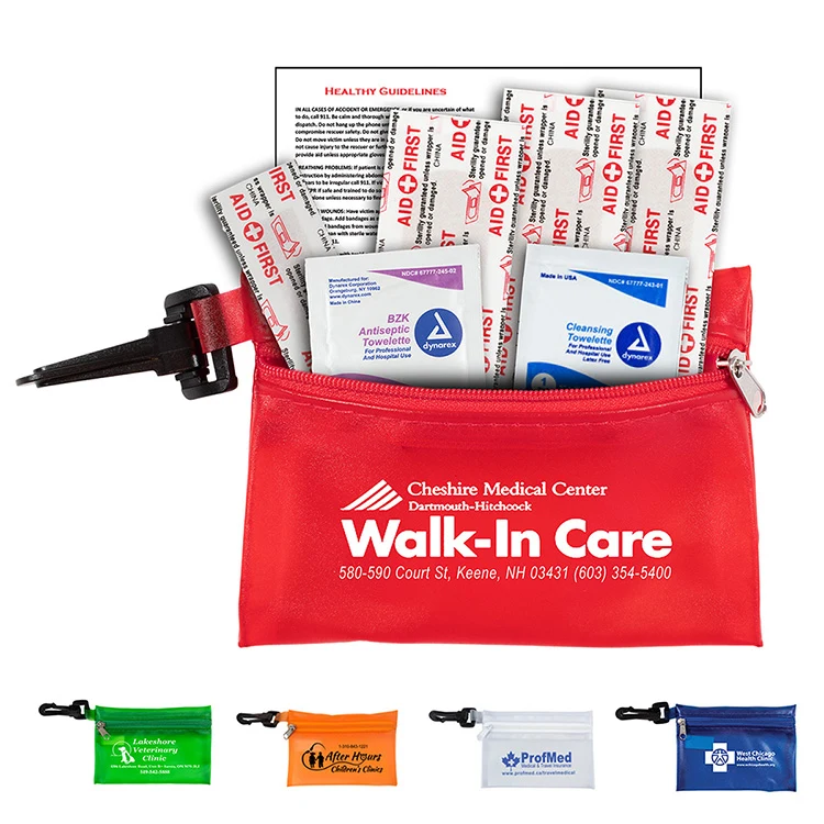 "PARKWAY 7" Piece First Aid Kit inTranslucent Zipper Kit with Plastic Carabiner Attachment 1