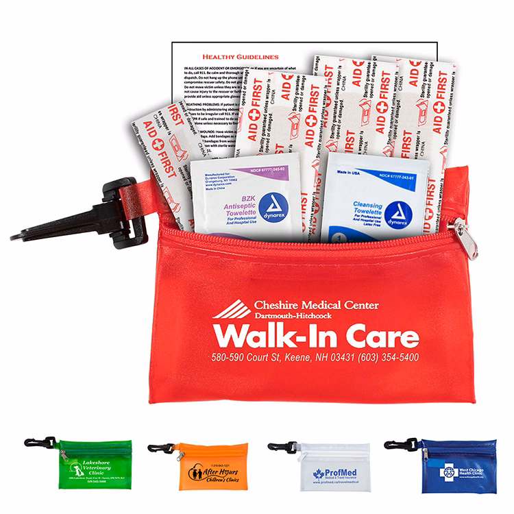 "PARKWAY 7" Piece First Aid Kit inTranslucent Zipper Kit with Plastic Carabiner Attachment