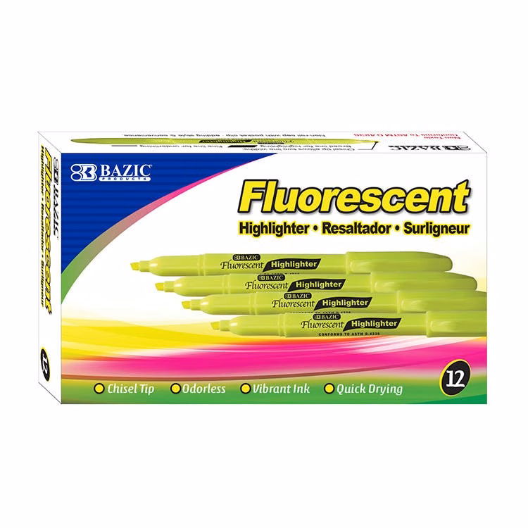 Highlighters - 12 Count Fluorescent Yellow Odorless