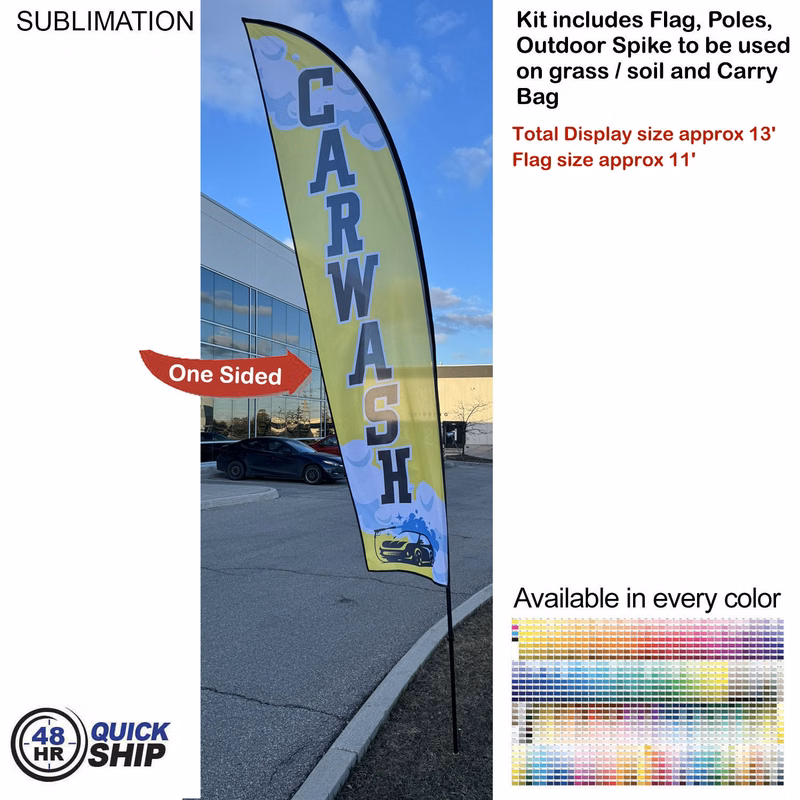 48Hr Quick Ship - 13' Medium Feather Flag Kit, Full Color Graphics One Side, Spike and Bag Included.