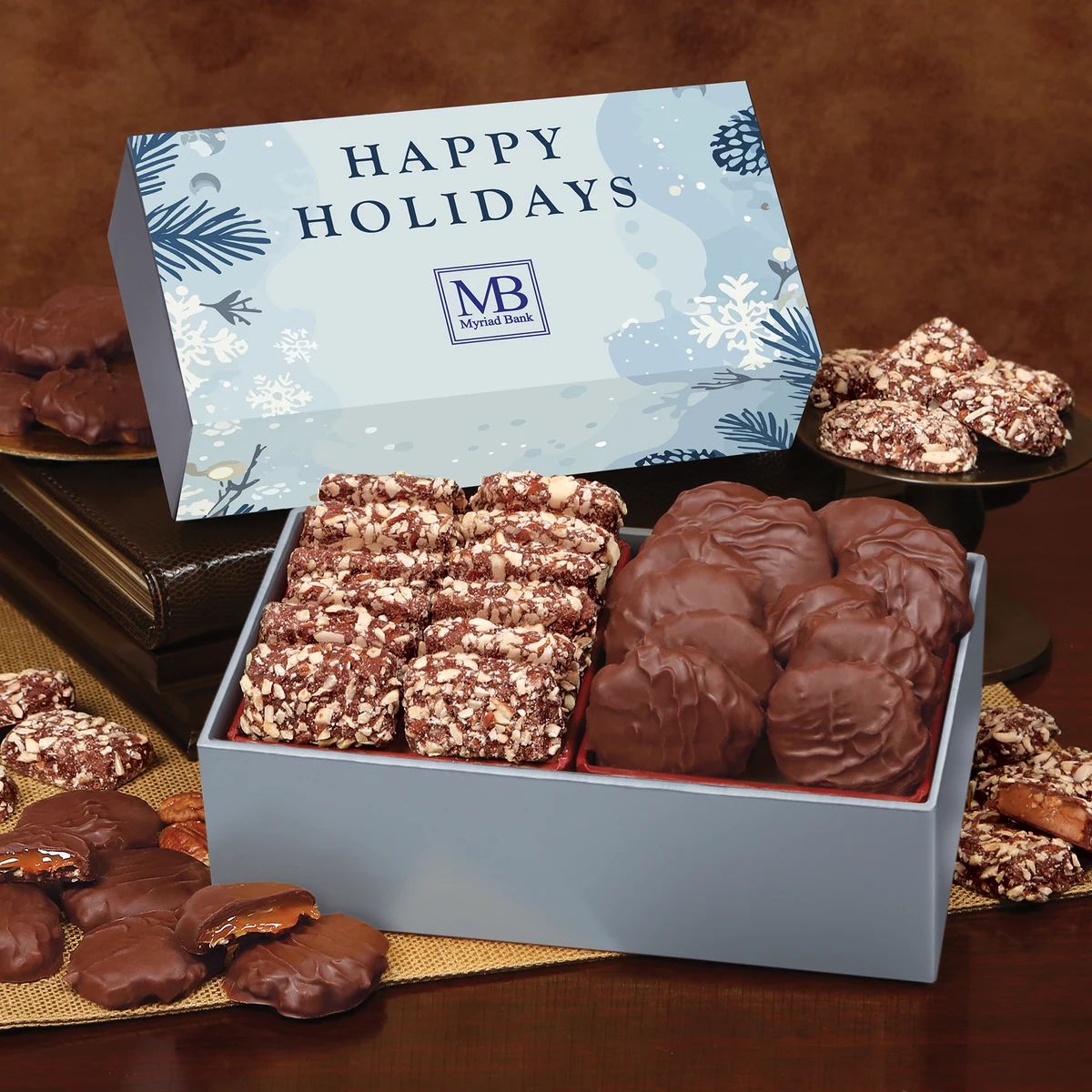 Toffee & Pecan Clusters in Gift Box with Happy Holidays Sleeve 1