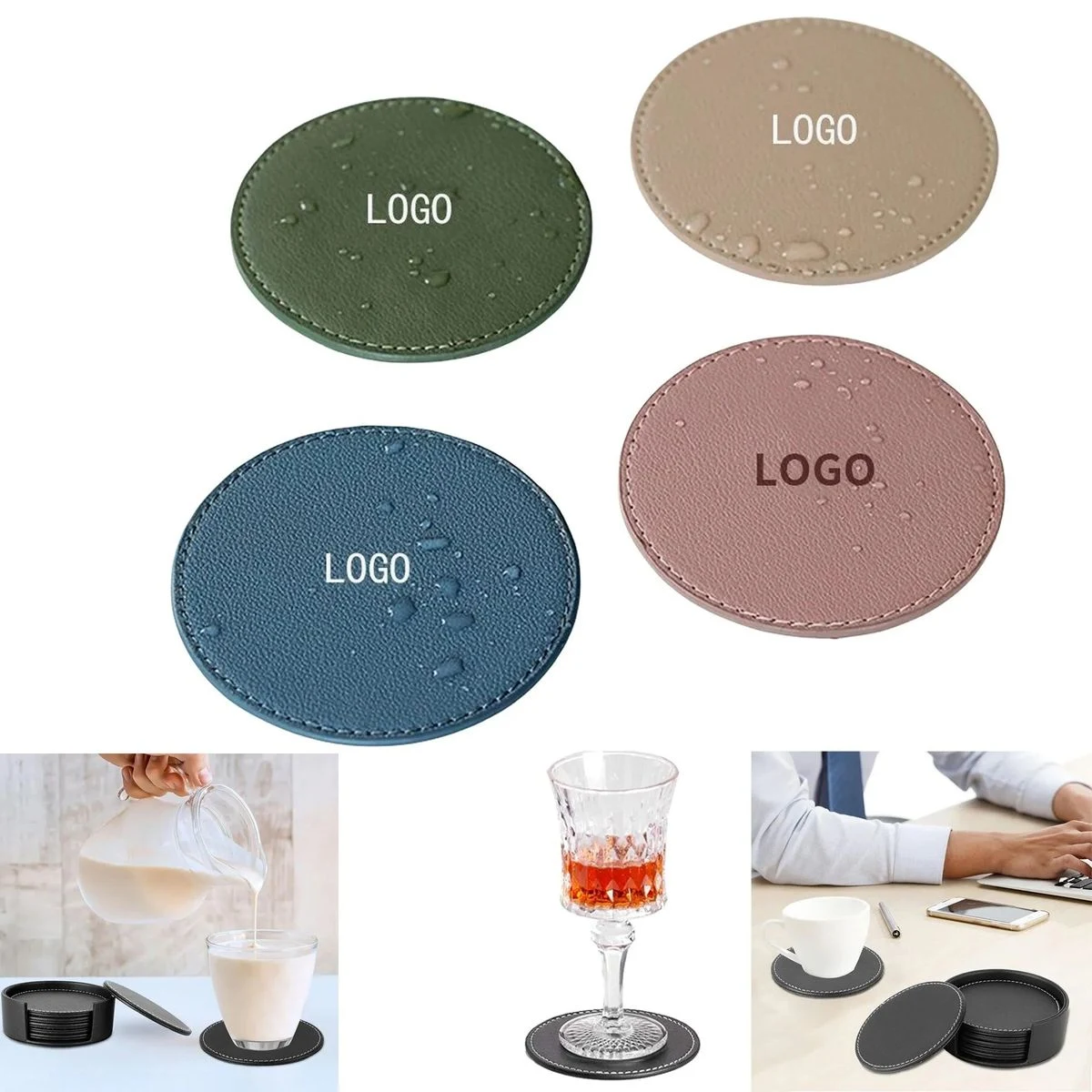 Leather Drink Coasters Round Cup Mat Set 1
