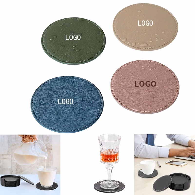 Leather Drink Coasters Round Cup Mat Set