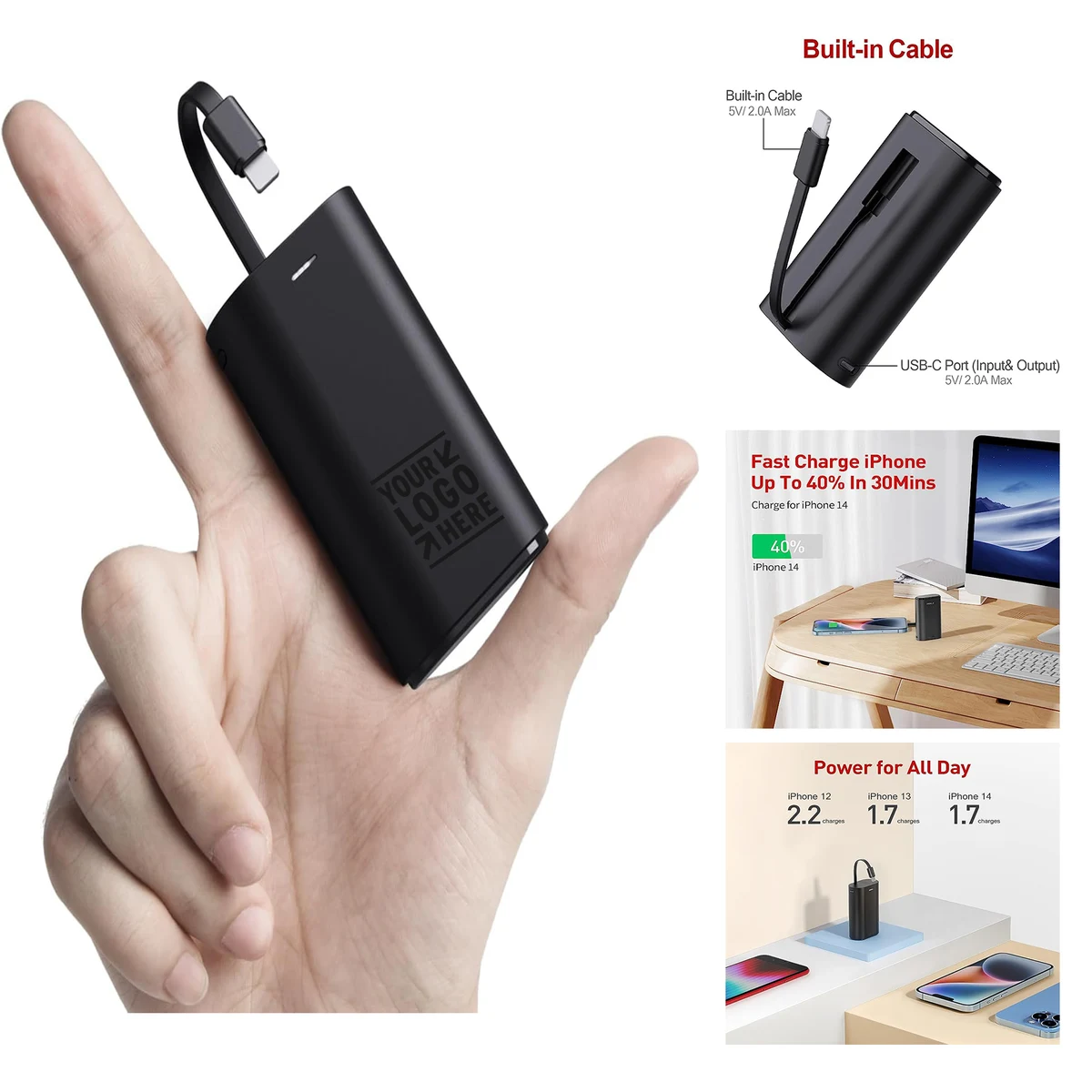 9000mAh Portable Small External Battery Pack Built-in Cable Ultra-Compact Phone Charger Power Bank 1