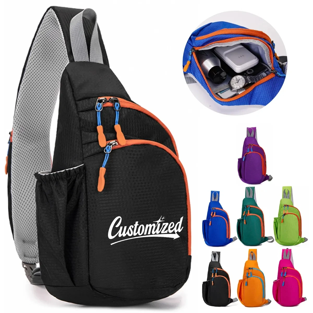 Nylon Sling Crossbody Bag With Side Pocket And Zippers 1