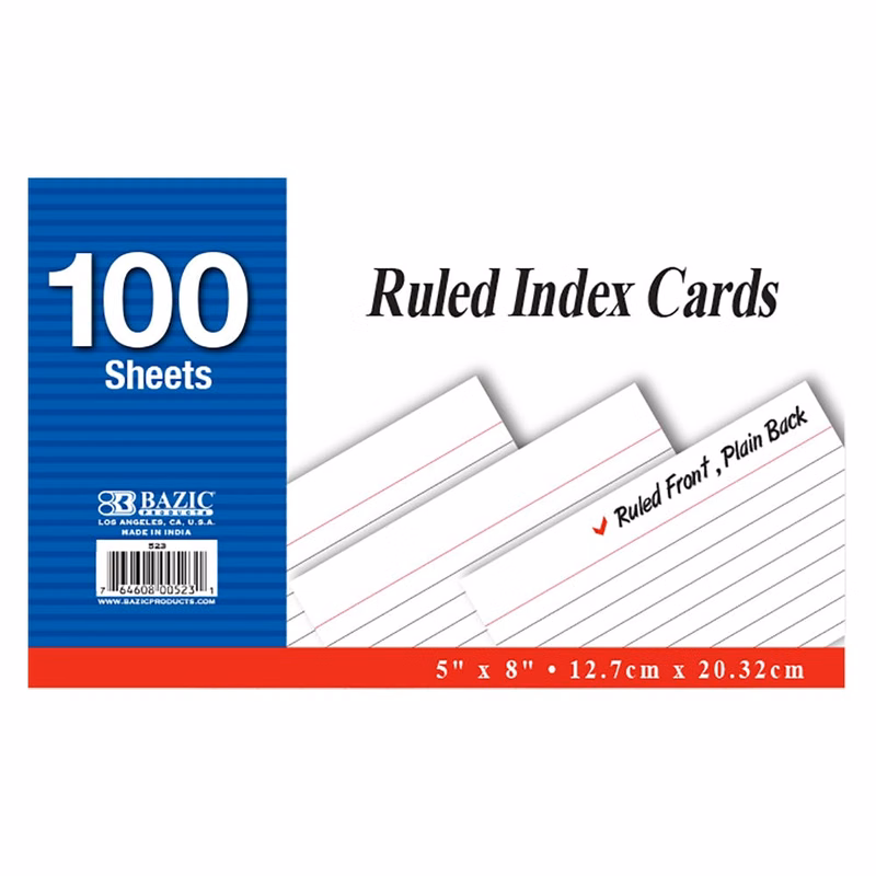 Ruled White Index Cards - 5" x 8" 100 Pack