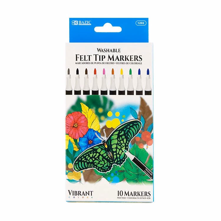 Washable Felt Tip Markers - Assorted 10 Pack