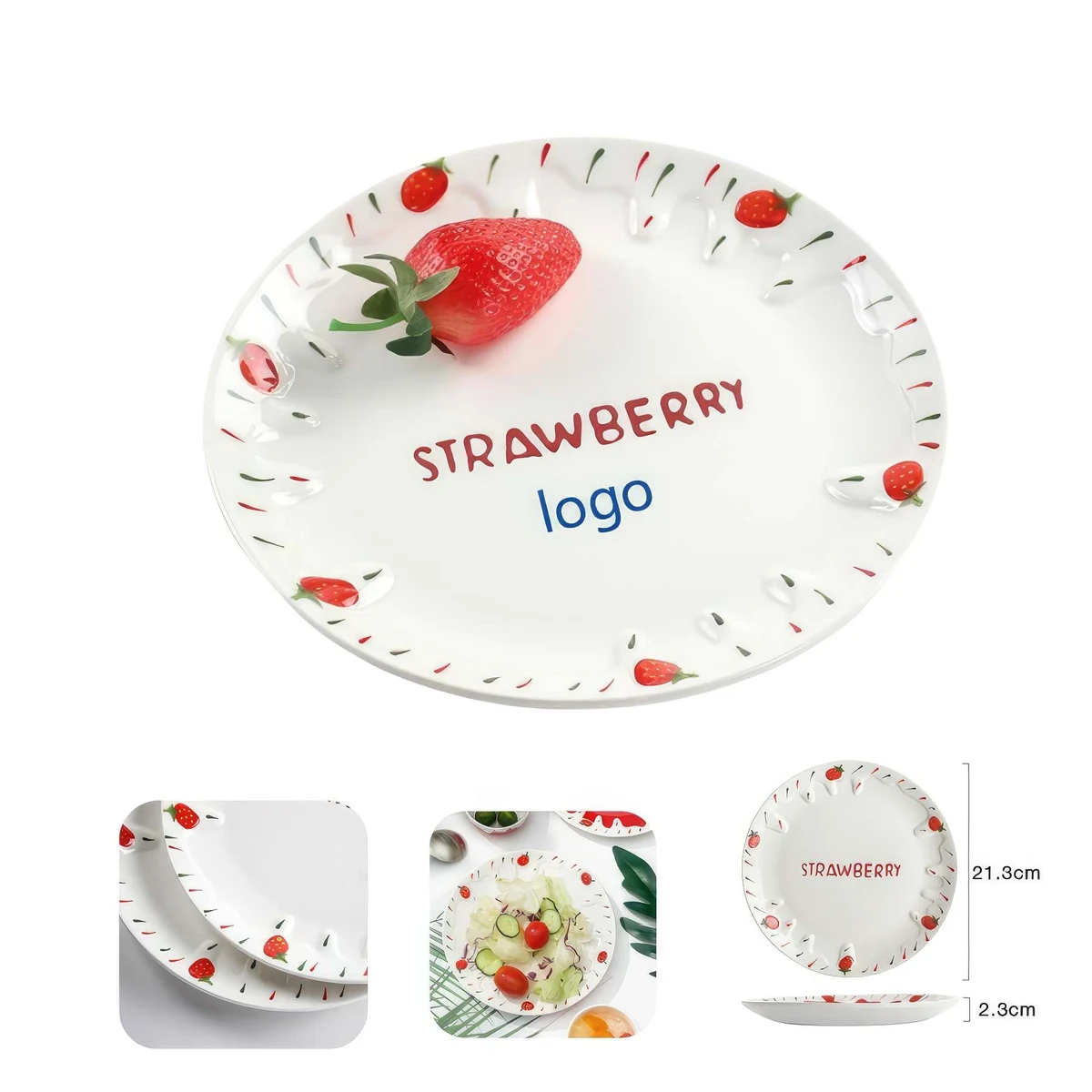11.15 Inch Milk White Strawberry Embossed Ceramic Flat Plate 1