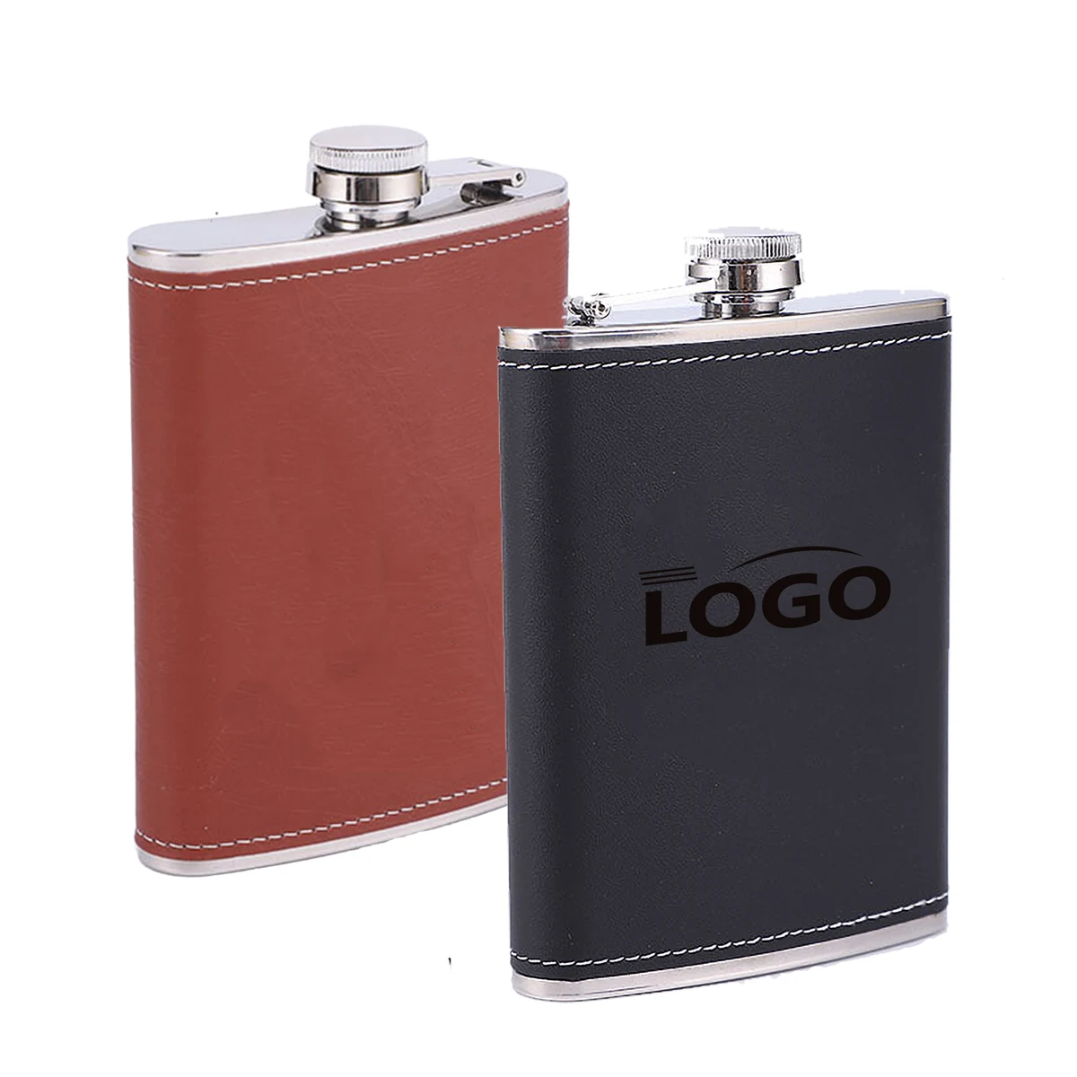 Hip Stainless Steel Flask with Eco Faux Leather Wrap Whiskey, custom water bottle with logo imprint 1