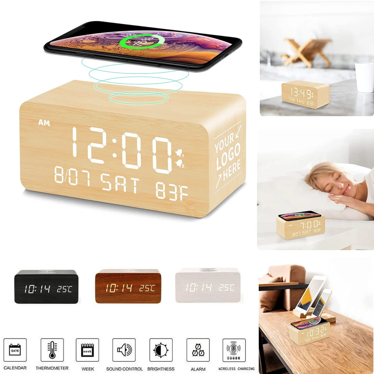 Digital Wooden Alarm Clock w/Wireless Charging 1