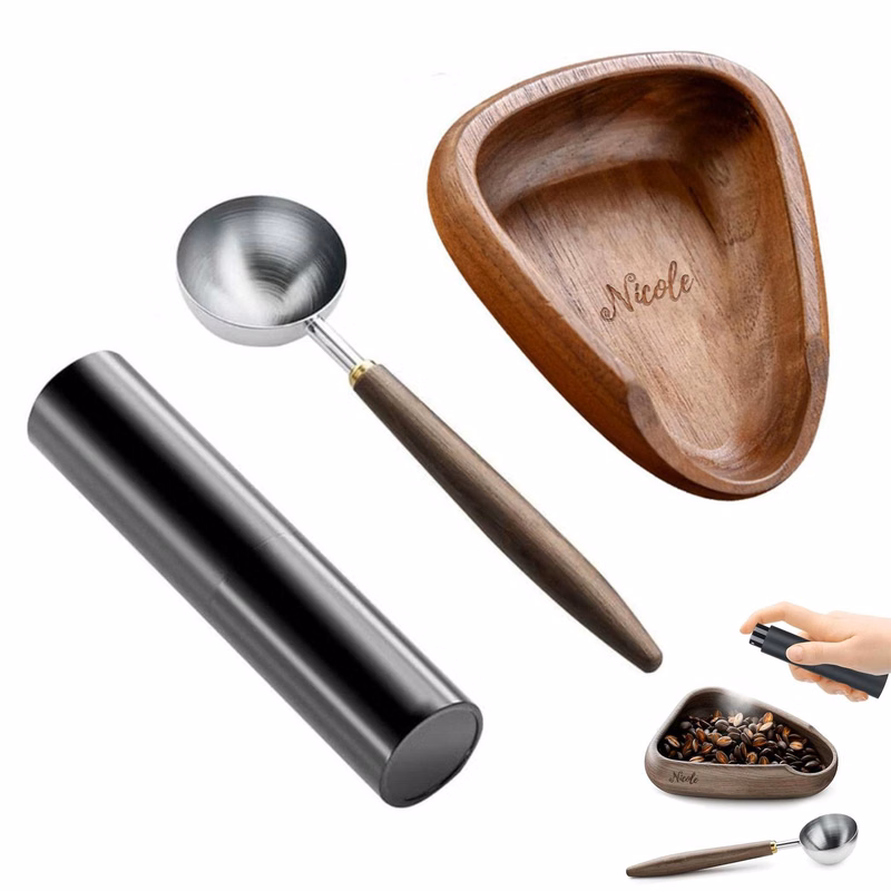 Wooden Coffee Bean Bowl Set w/ Spray Measuring Spoon