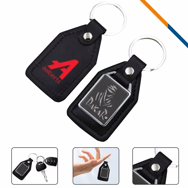 Custom PU Leather Key Tag 3.74 Inch with Metal Base — Branded Corporate Keychain