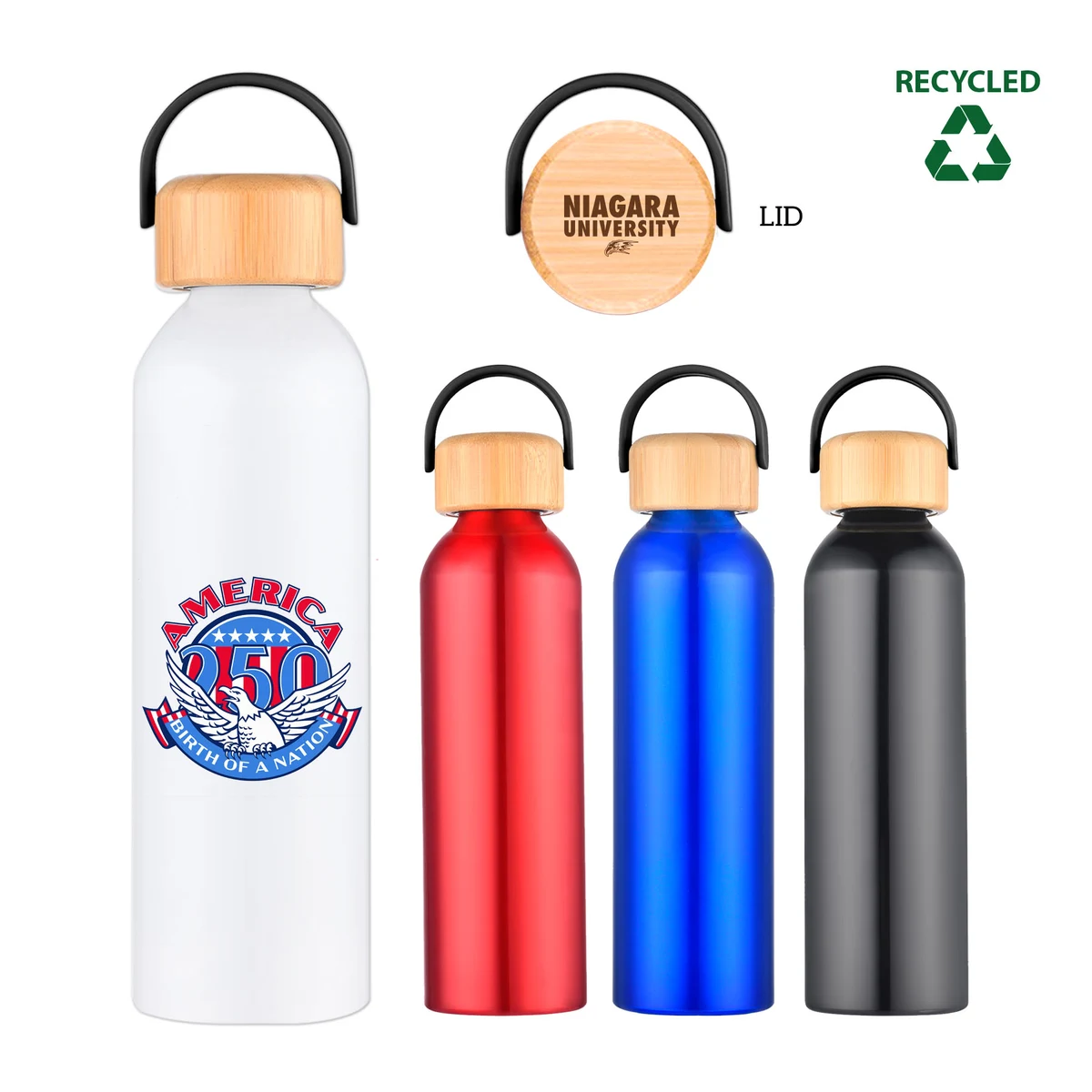24 oz. Recycled Aluminum Water Bottle with Bamboo Lid & Carry Handle, custom water bottle with logo imprint 1