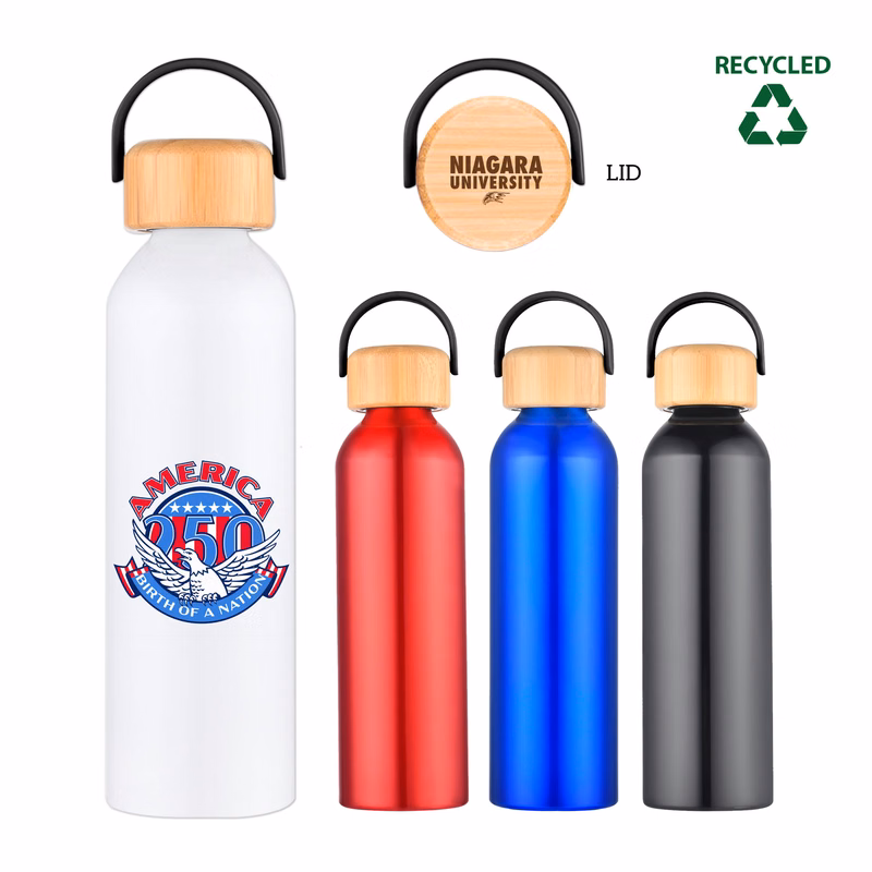 24 oz. Recycled Aluminum Water Bottle with Bamboo Lid & Carry Handle