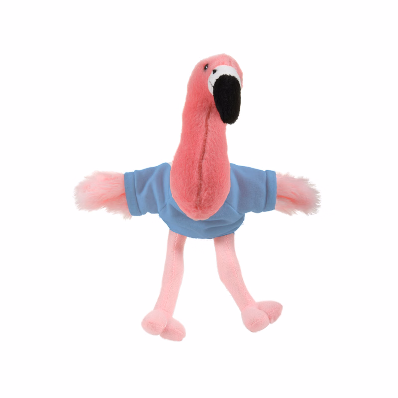 Soft Plush Sitting Flamingo waering a T-Shirt