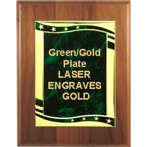 6" x 8" Cherry Finish Plaque with a Green/Gold Aluminum High Relief Plate 1
