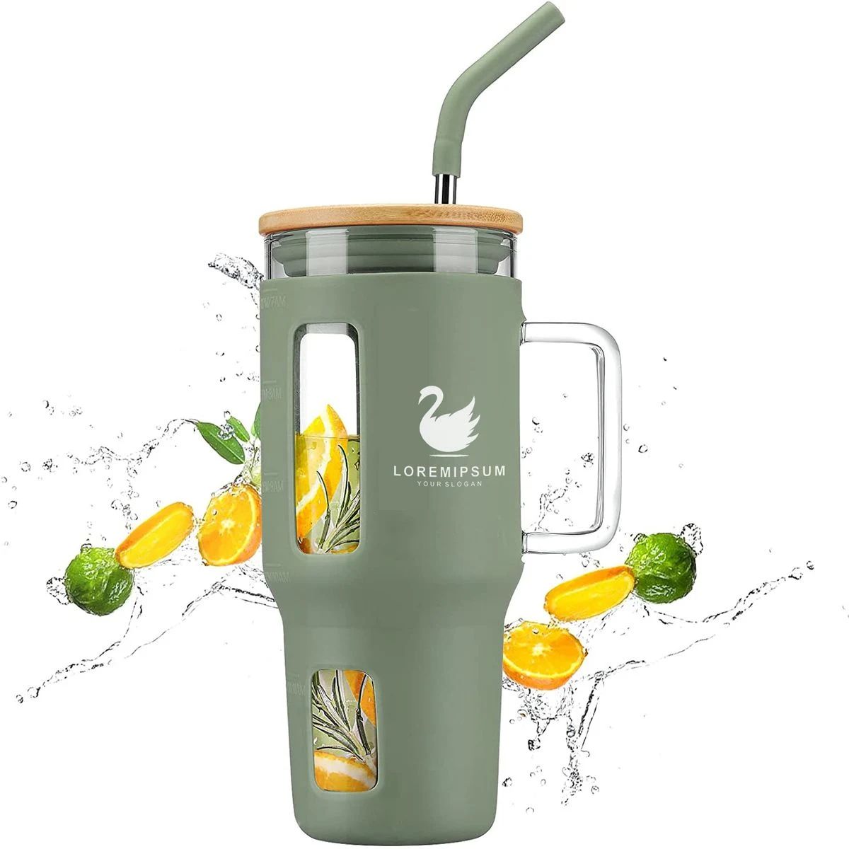 Glass Tumbler with Handle, 40oz Iced Coffee Cup Boba Smoothie Cup, Bamboo Lid Home Office Tumblers 1