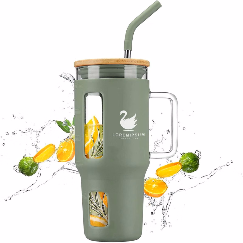 Glass Tumbler with Handle, 40oz Iced Coffee Cup Boba Smoothie Cup, Bamboo Lid Home Office Tumblers