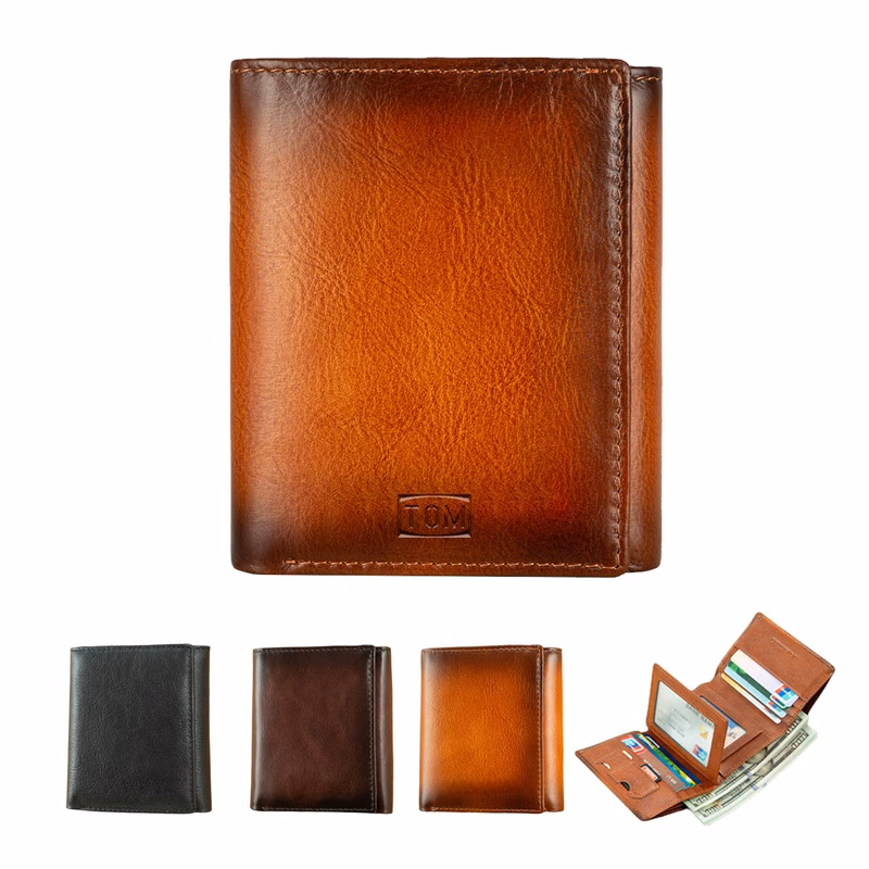 Top Layer Cowhide Retro Three Fold Men's Short Wallet Purse