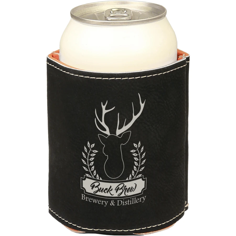3 3/4" Black/Silver Leatherette Beverage Holder, custom koozie with logo imprint 1