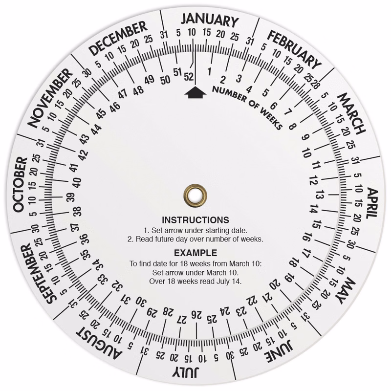 .020 White Plastic Date Finder Wheel Calculator (4.25" dia.), Full Colour