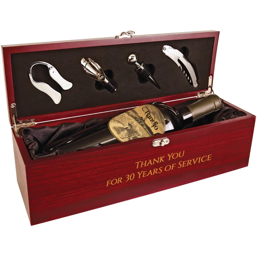 Rosewood Finish Single Wine Box with Tools & Black Lining 1