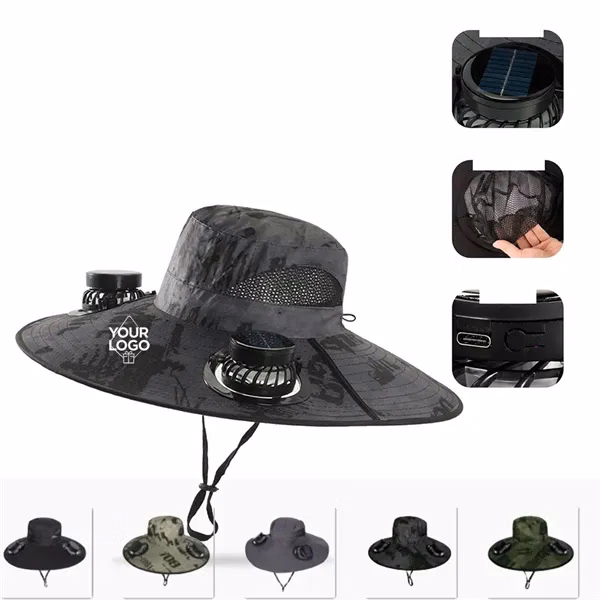 Wide Brim Waterproof Polyester Bucket Hat w/ Fans
