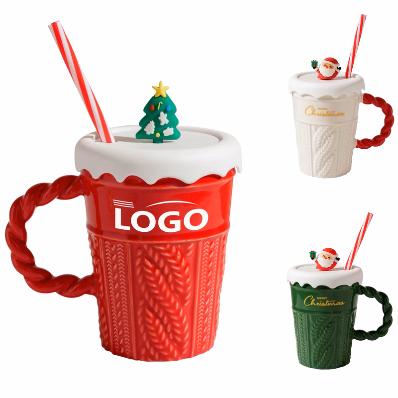Festive Ceramic Christmas Mug with Lid and Straw