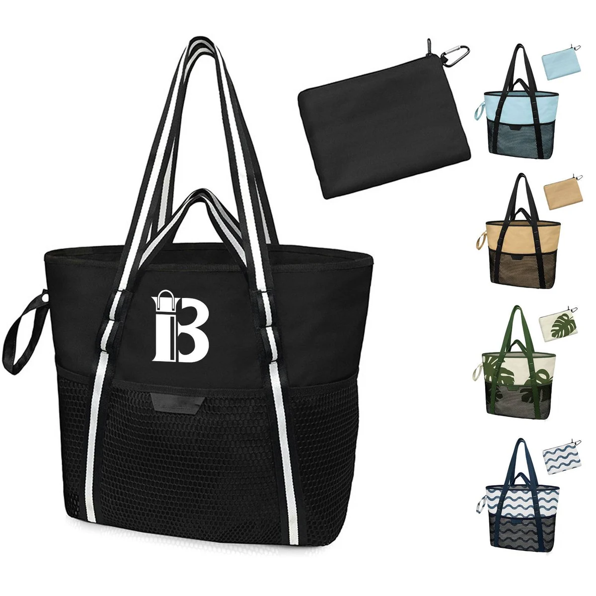 Nylon Zippered Sandproof Foldable Beach Tote Bag, custom tote bag with logo imprint 1