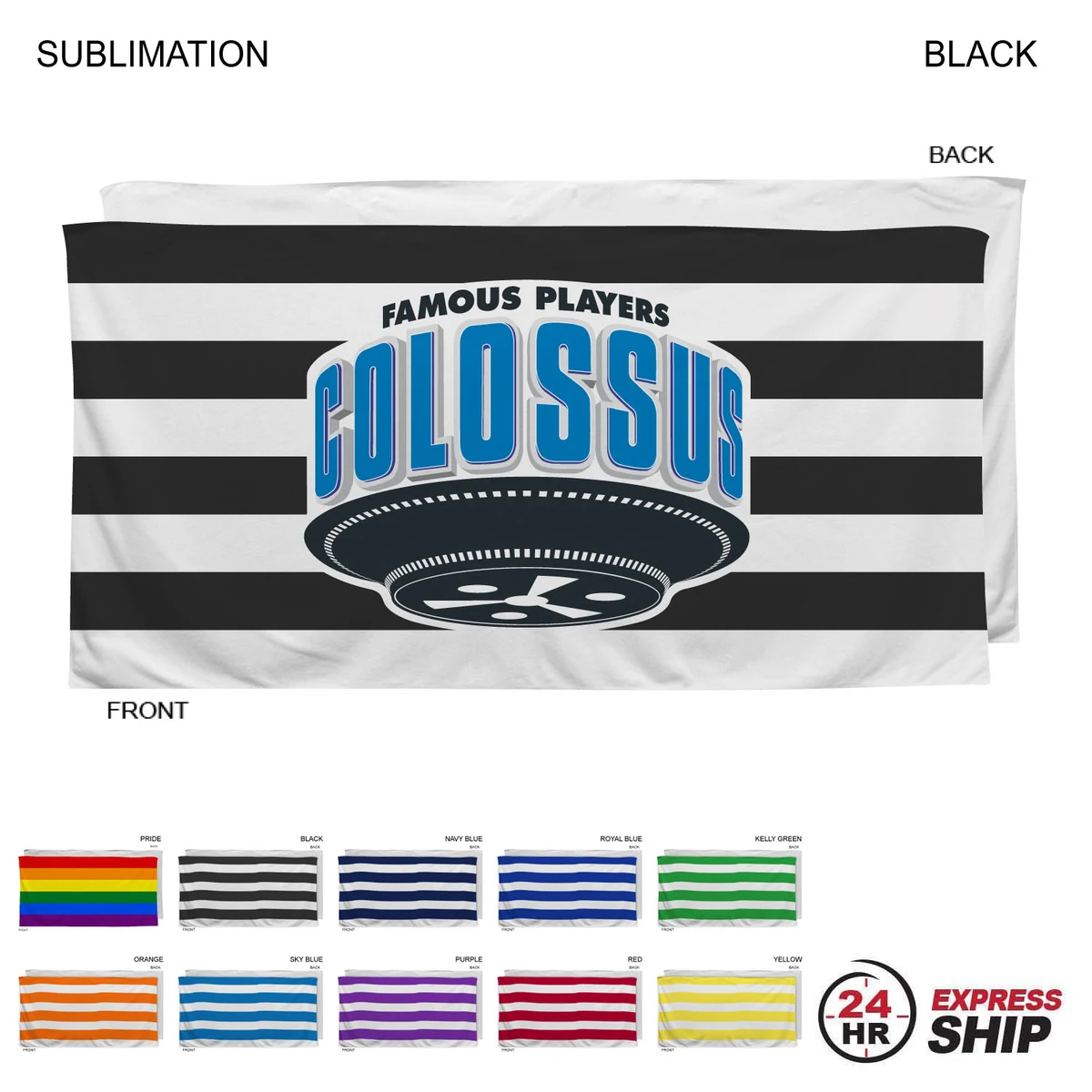 24 Hr Express Ship -Cabana Stripe Sublimated, Heavier Weight, Plush Velour Terry Beach Towel, 30x60 1