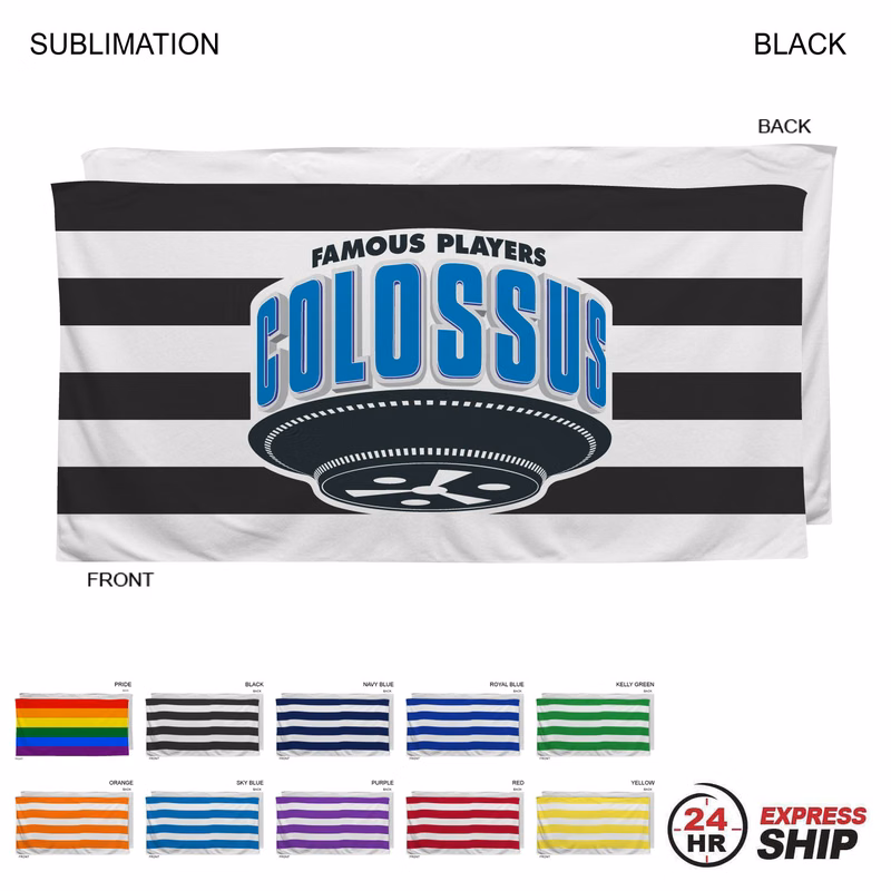 24 Hr Express Ship -Cabana Stripe Sublimated, Heavier Weight, Plush Velour Terry Beach Towel, 30x60