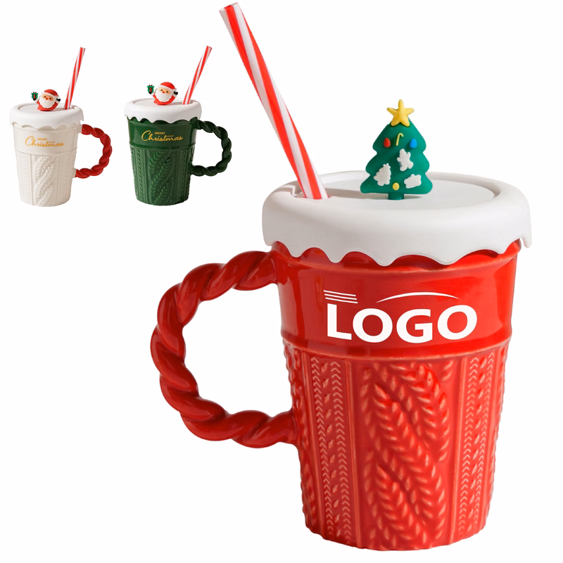 Christmas-Themed Ceramic Mug with Lid and Straw
