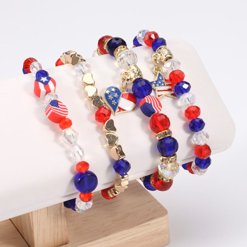 American Flag Charm Stretch Beaded Bracelet