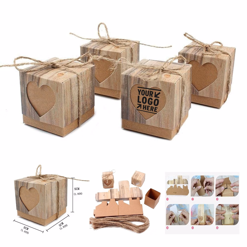 2 x 2 x 2" Candy Favor Boxes Vintage Kraft with Burlap Twine