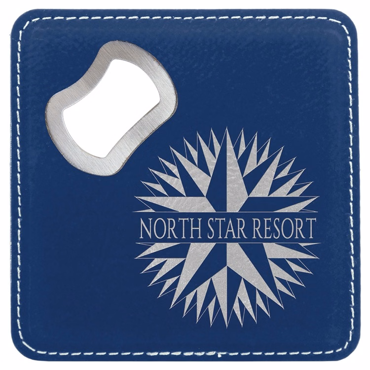 4" x 4" Square Blue/Silver Leatherette Coaster with Bottle Opener