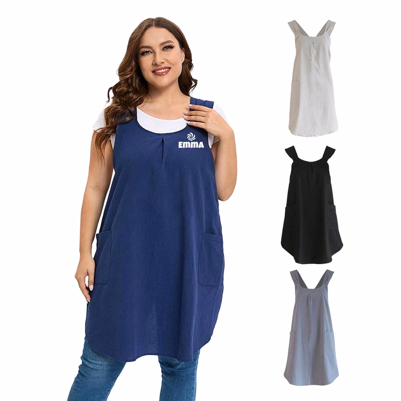 Linen Cotton Apron Cross-Back Straps Dual Pockets
