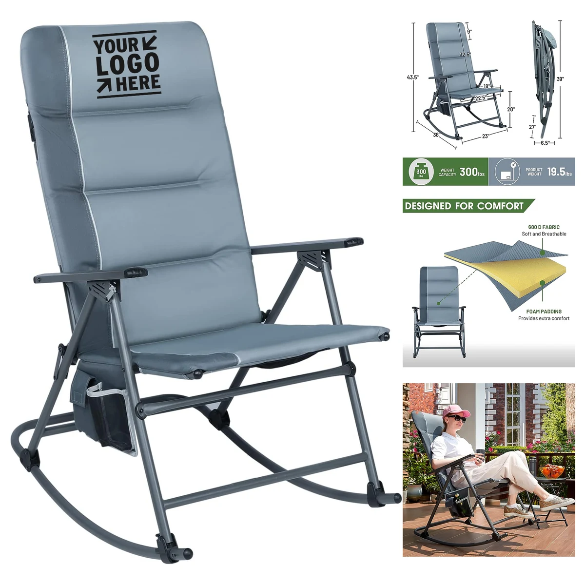 Support up to 300 lbs High Back Oversized Folding Padded Portable Outdoor Rocker Camping Chair 1