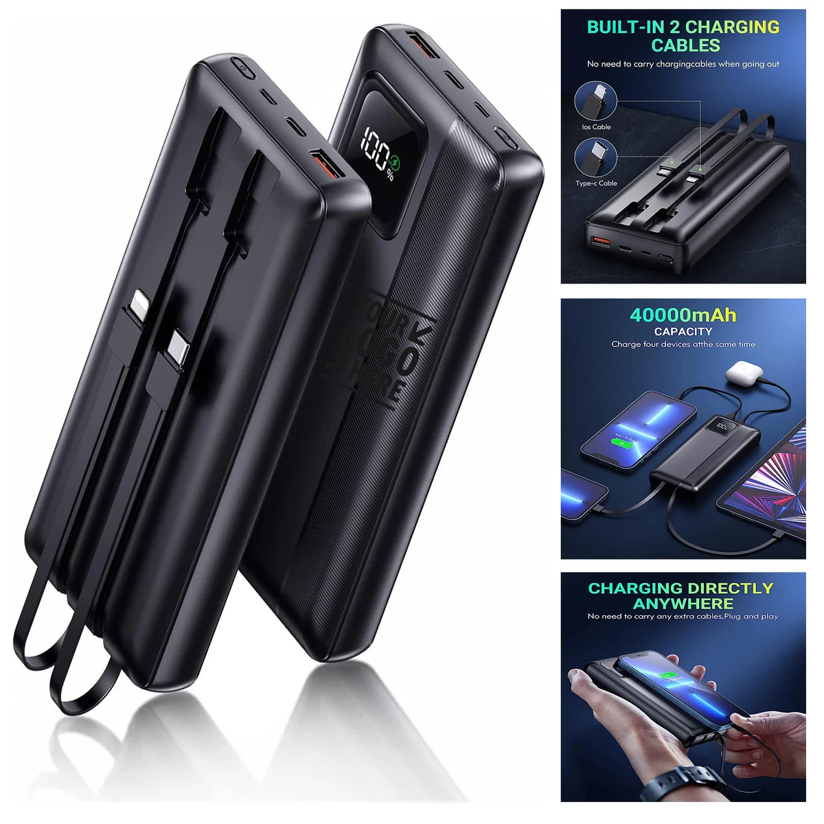40000mAh Support PD 30W QC4.0 Fast Built-in 2 Output Cable LED Display Phone Charger Power Bank 1