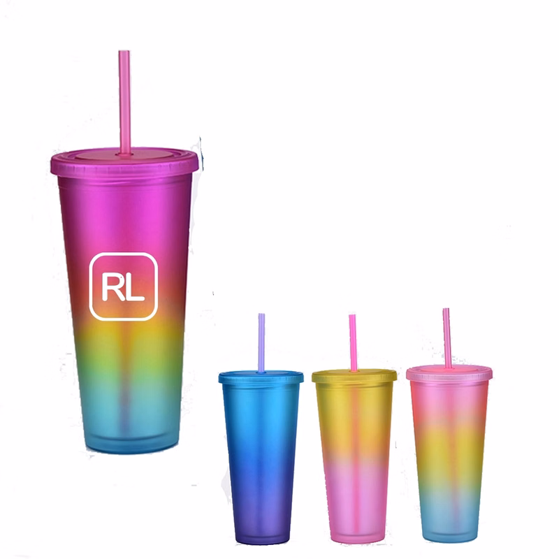 24 Oz Double Wall Colorful Plastic Tumblers With Lids