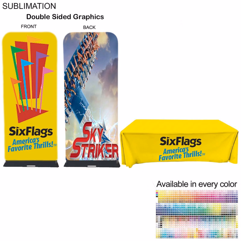 Event package, 3'W Fabric banner with steel base and Premium 6' tablecloth closed back