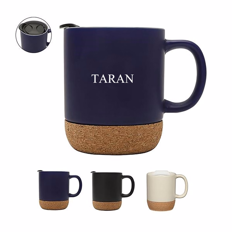 12oz Matte Cork Bottom Ceramic Coffee Mug With Lid