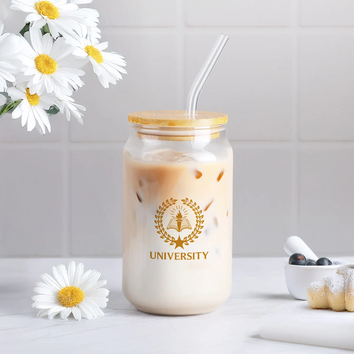 16 oz Glass Can with Bamboo Lid & Straw 1