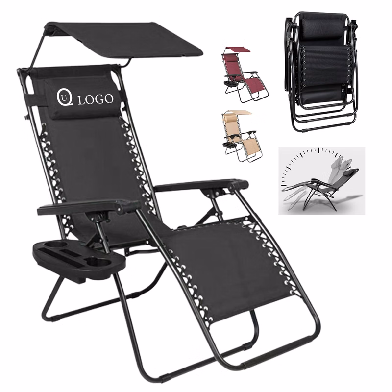 Folding Beach Lounge Chair W/ Canopy And Cup Holder